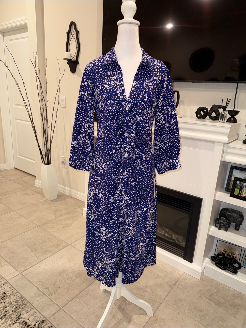 DKNY Blue and White Printed Button-Front Midi Dress Size 10